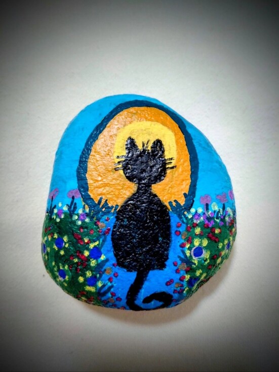 hand painted Other - Hand-Painted Cat Silhouette Garden Rock - Blue & Black 4x4" Painted And Sealed